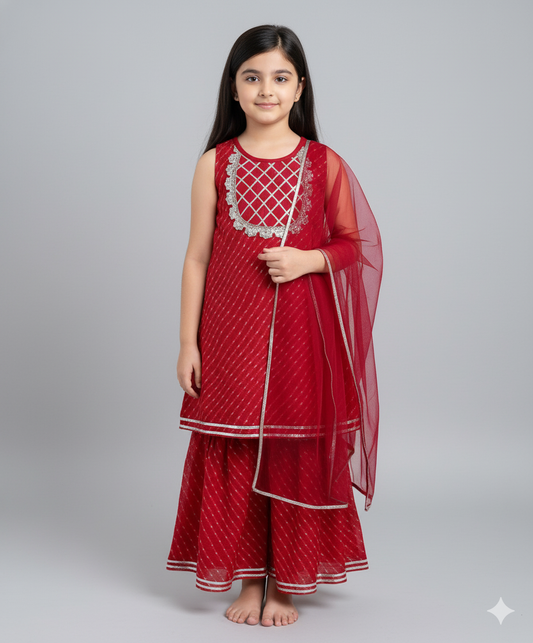 Sleeveless Leheriya Printed Kurta and Sharara Set with Dupatta- Red