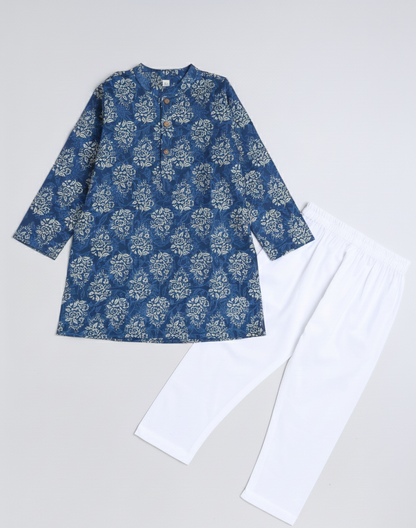 Floral Printed Mandarin Collar Full Sleeves Kurta and Pyjama Set -Blue