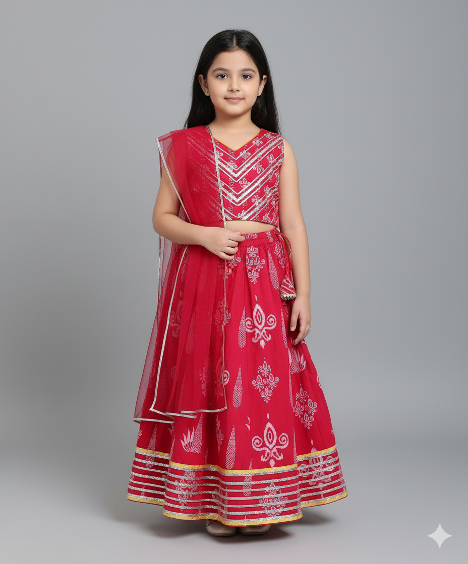 Floral Printed Lehenga and Slveeless Choli Set with Dupatta- Fuchsia