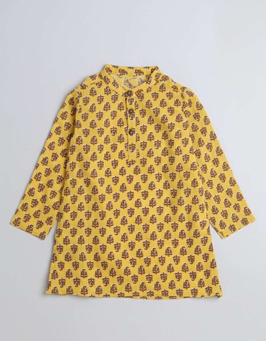 Cotton  Floral Printed Full Sleeves Floral Printed Kurta-Yellow