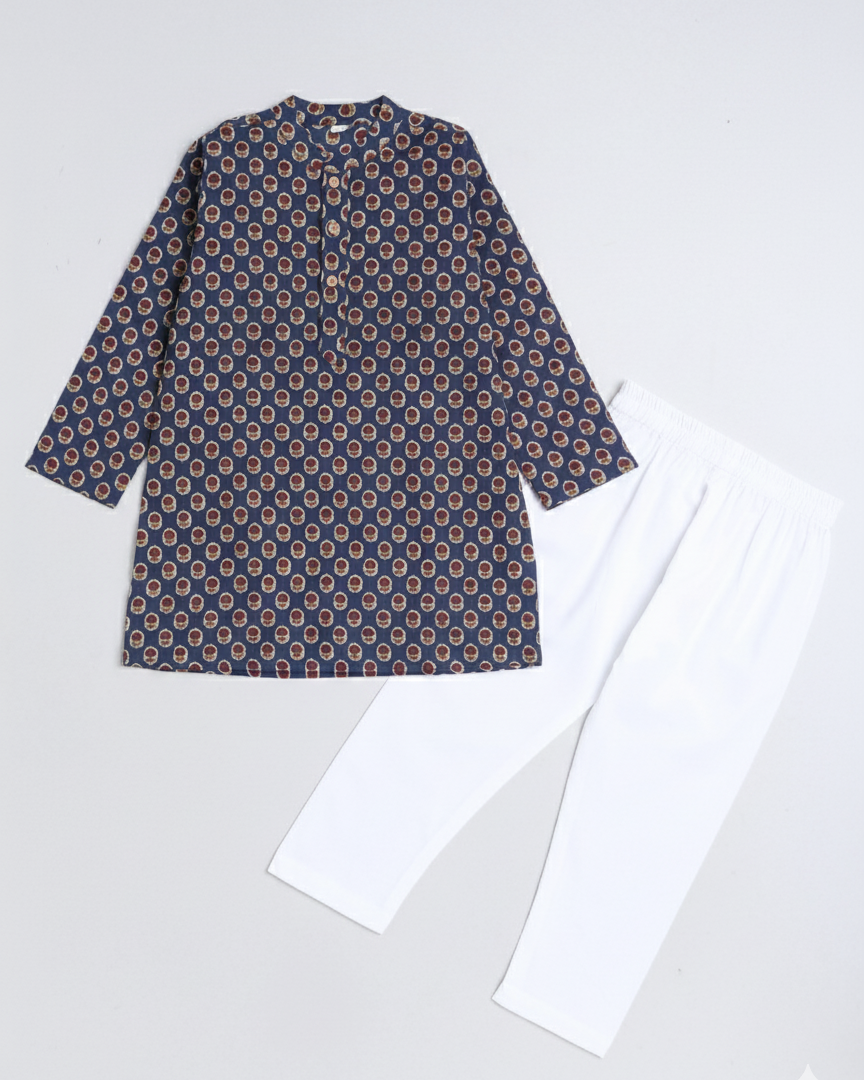 Floral Printed Mandarin Collar Full Sleeves Kurta and Pant Set -Blue