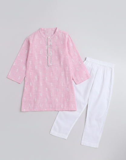 Full Sleeves Flower Stem Printed &  Gota   Lace Embellished Kurta and Pant Set  - Pink