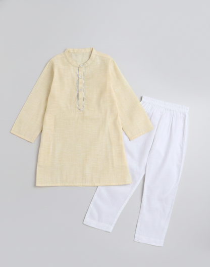 Floral Printed Mandarin Collar Full Sleeves Lace Embelished Kurta and Pant Set - Yellow