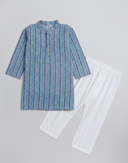 Floral Printed Mandarin Collar Full Sleeves Kurta Pant Set For Boys-Blue