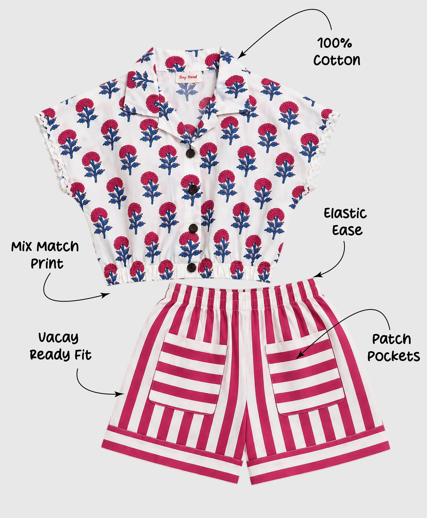 The Magic Wand Cotton Woven Floral Printed Shirt And Stripes Shorts With Patch Pockets - Fuchsia