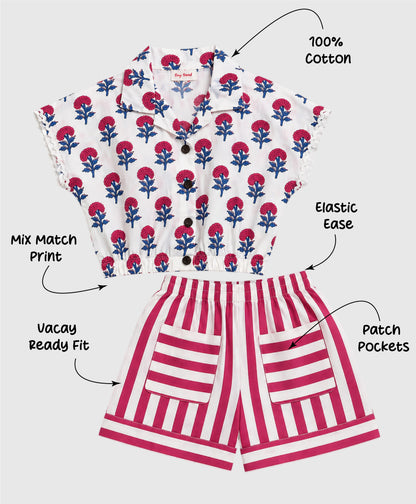 The Magic Wand Cotton Woven Floral Printed Shirt And Stripes Shorts With Patch Pockets - Fuchsia