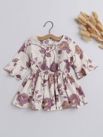 Gathered 3/4 Sleeves Floral Printed Round Neck Top With Tassels For Girls-Beige
