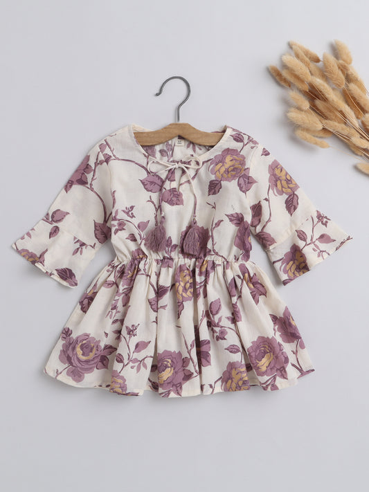 Gathered 3/4 Sleeves Floral Printed Round Neck Top With Tassels For Girls-Beige