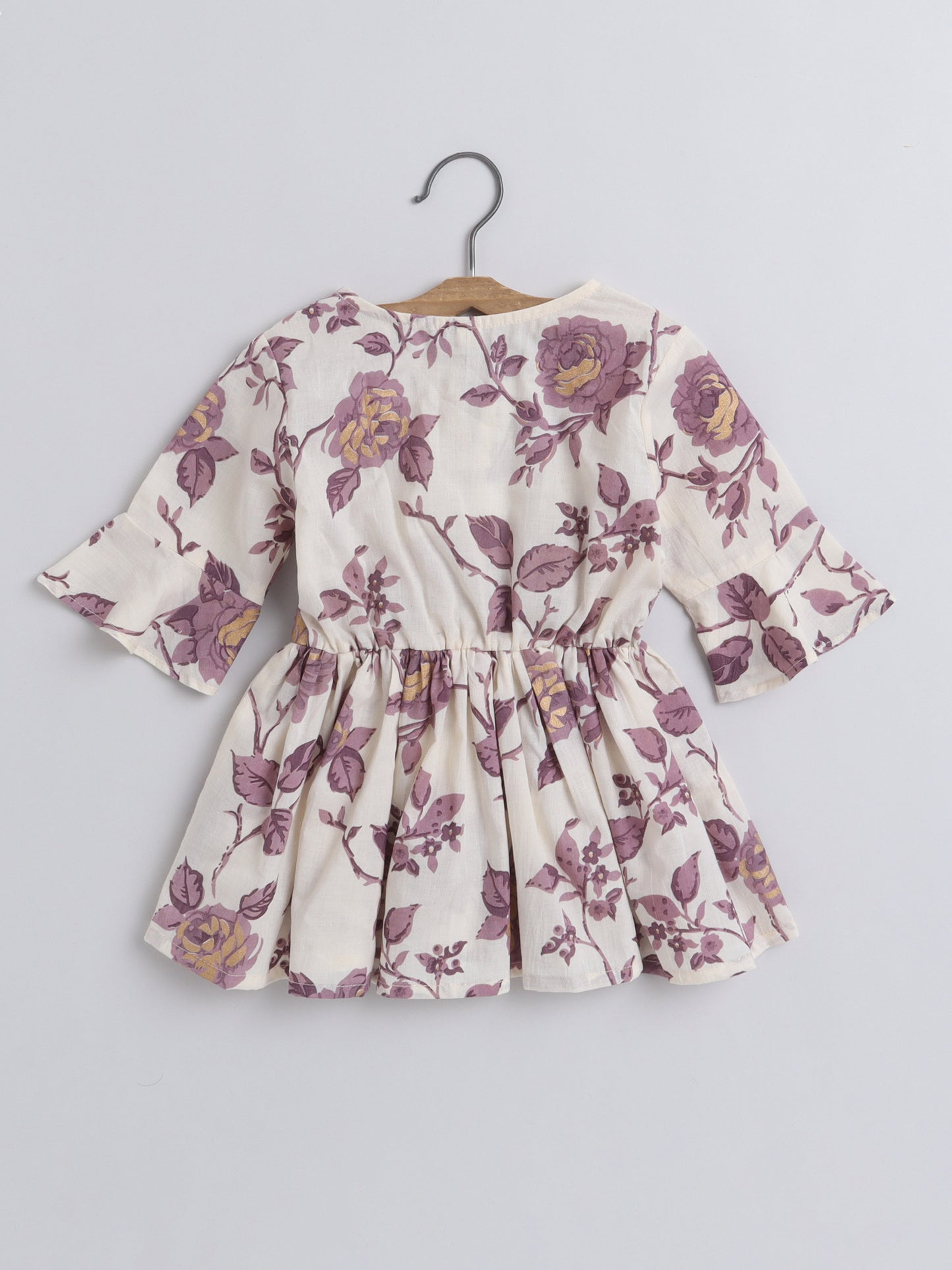 Gathered 3/4 Sleeves Floral Printed Round Neck Top With Tassels For Girls-Beige