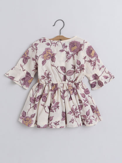 Gathered 3/4 Sleeves Floral Printed Round Neck Top With Tassels For Girls-Beige