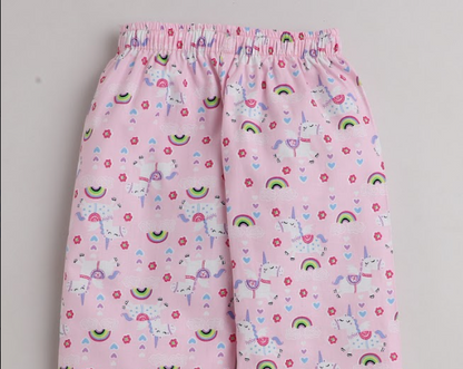 Half Sleeves Unicorn Magic Printed Collared Night Suit Pink