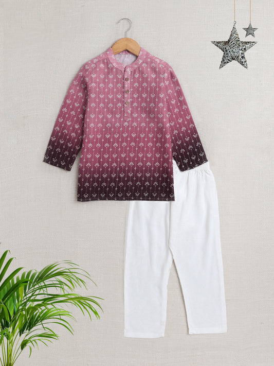 Full Sleeves Abstract Print Shaded Kurta Set- Pink
