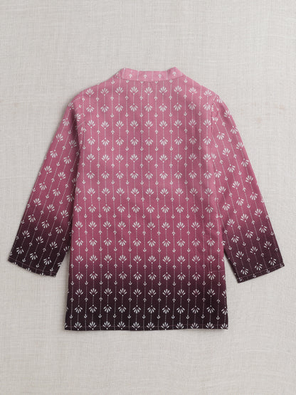 Full Sleeves Abstract Print Shaded Kurta Set- Pink