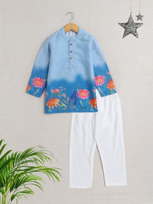 Full Sleeves Floral Print Shaded Kurta Set- Blue