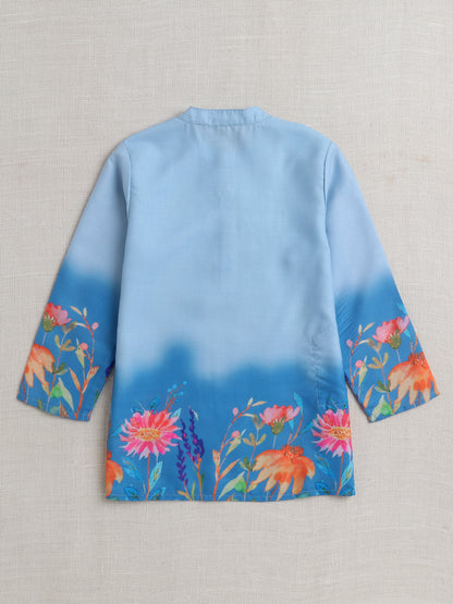 Full Sleeves Floral Print Shaded Kurta Set- Blue