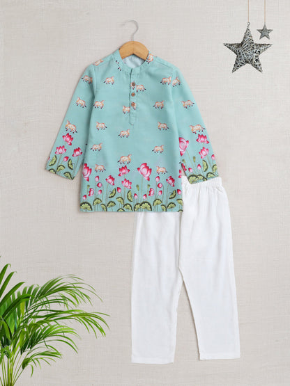 The Magic Wand Full Sleeves Floral Print Kurta Set- Green