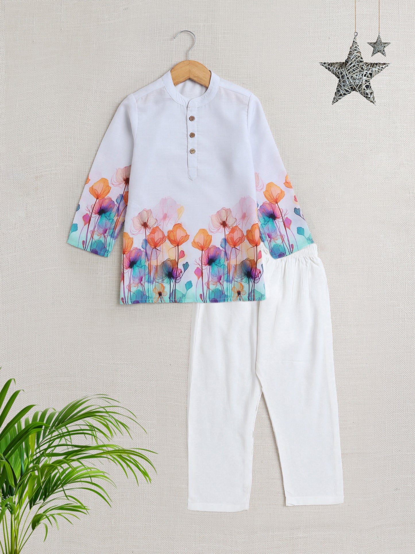 Full Sleeves Floral Print Kurta Set- Off White
