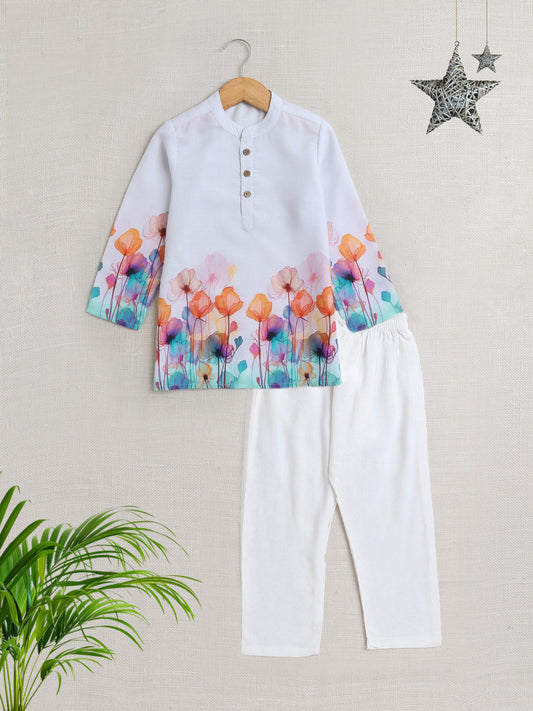 Full Sleeves Floral Print Kurta Set- Off White