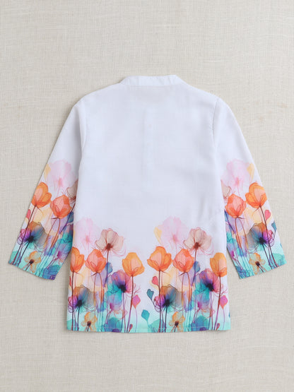 Full Sleeves Floral Print Kurta Set- Off White