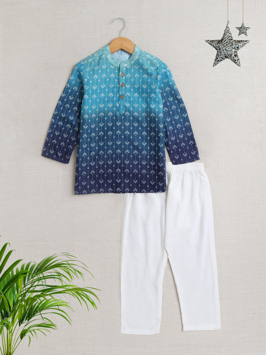 Full Sleeves Abstract Print Shaded Kurta Set- Blue