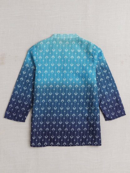 Full Sleeves Abstract Print Shaded Kurta Set- Blue