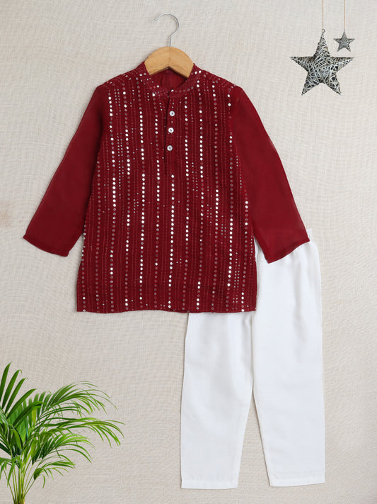 Full Sleeves Stripe Print Kurta Pyjama Set- Maroon