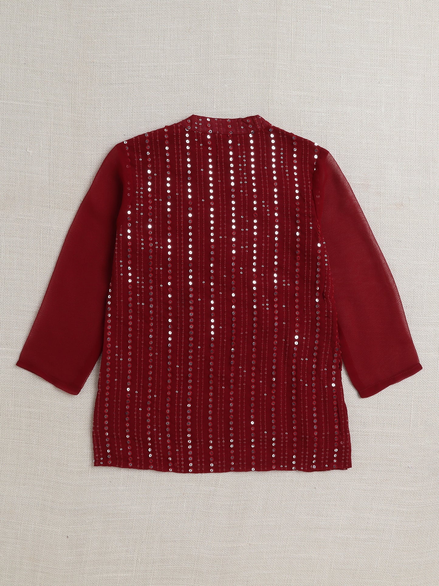 Full Sleeves Stripe Print Kurta Pyjama Set- Maroon