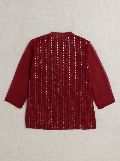 Full Sleeves Stripe Print Kurta Pyjama Set- Maroon