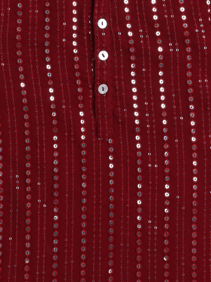 Full Sleeves Stripe Print Kurta Pyjama Set- Maroon