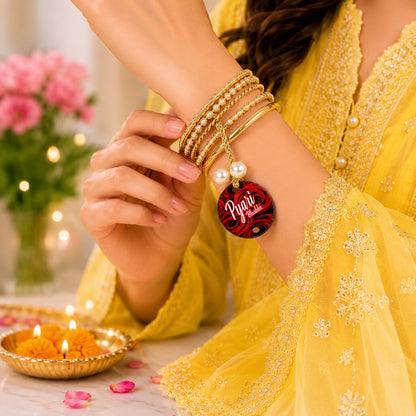 The Magic Wand Laser Cut Wooden Trendy Pyari Bhabhi Rakhi With Roli Chawal - Red