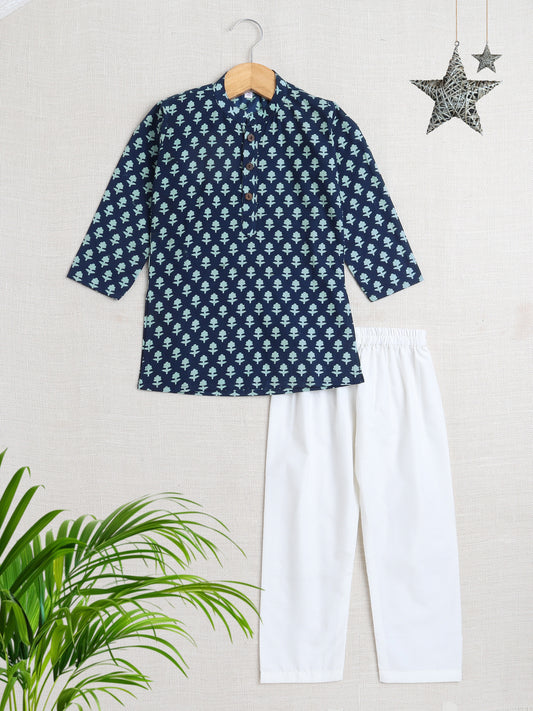 Full Sleeves Abstract Printed Kurta With Pyjama-Navy Blue