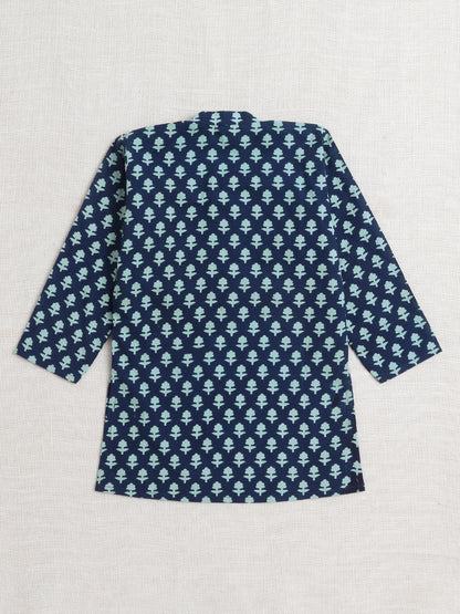 Full Sleeves Abstract Printed Kurta With Pyjama-Navy Blue
