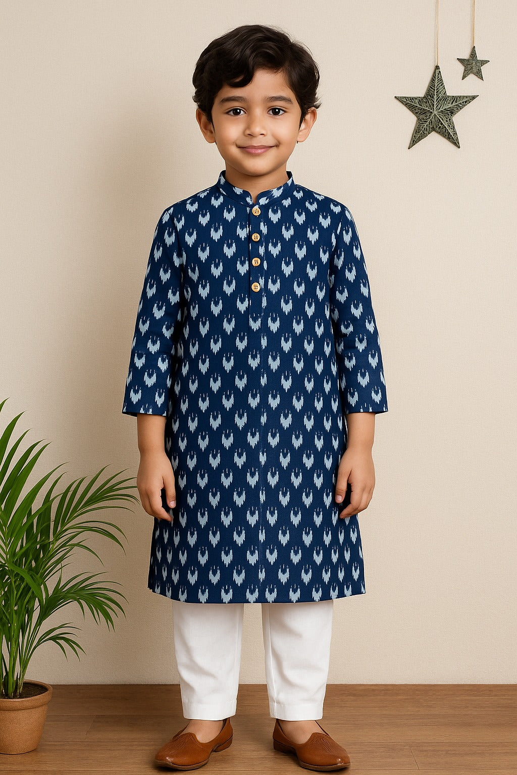 Full Sleeves Abstract Printed Kurta With Pyjama-Navy Blue
