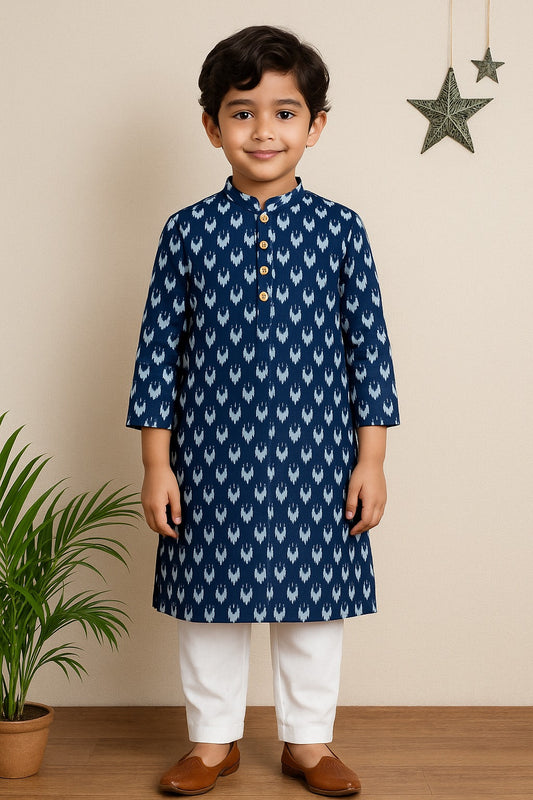 Full Sleeves Abstract Printed Kurta With Pyjama-Navy Blue