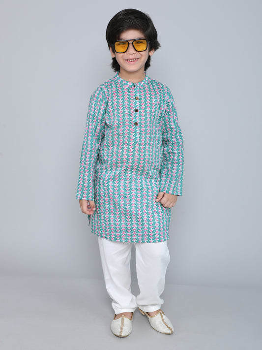 Full Sleeves Abstract Printed Kurta With Pyjama-Teal