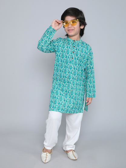 Full Sleeves Floral Printed Kurta With Pyjama-Aqua