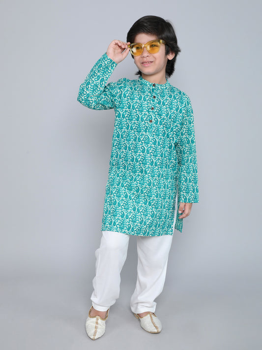 Full Sleeves Floral Printed Kurta With Pyjama-Aqua