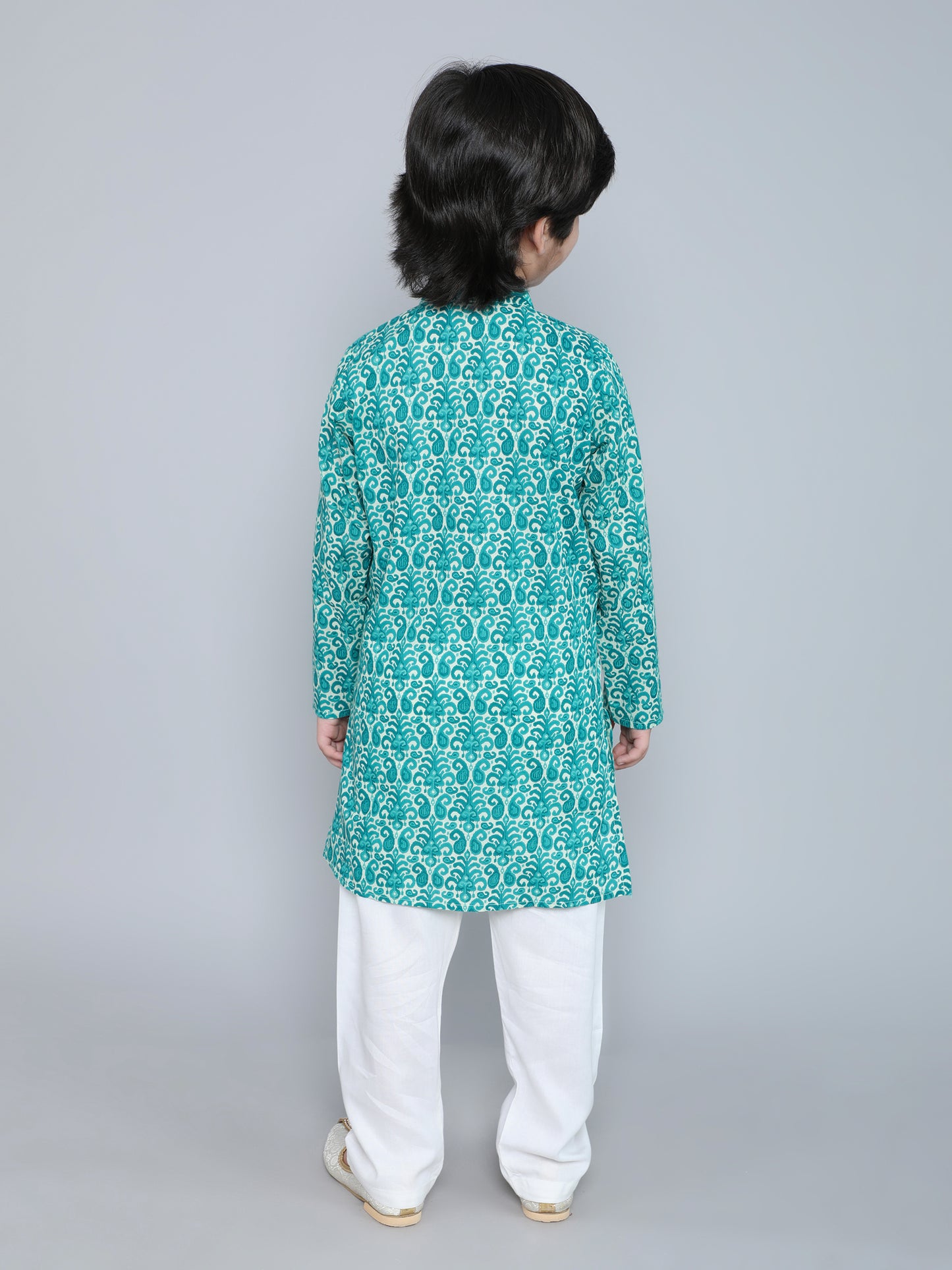 Full Sleeves Floral Printed Kurta With Pyjama-Aqua
