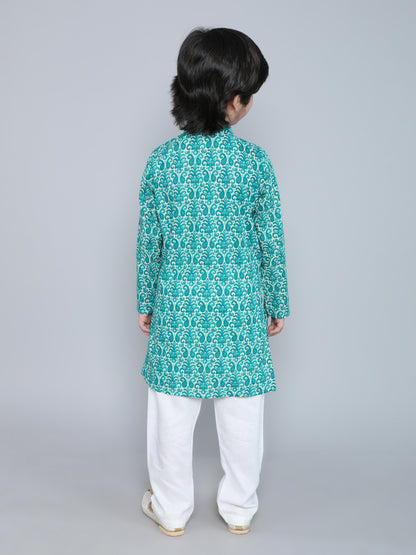 Full Sleeves Floral Printed Kurta With Pyjama-Aqua