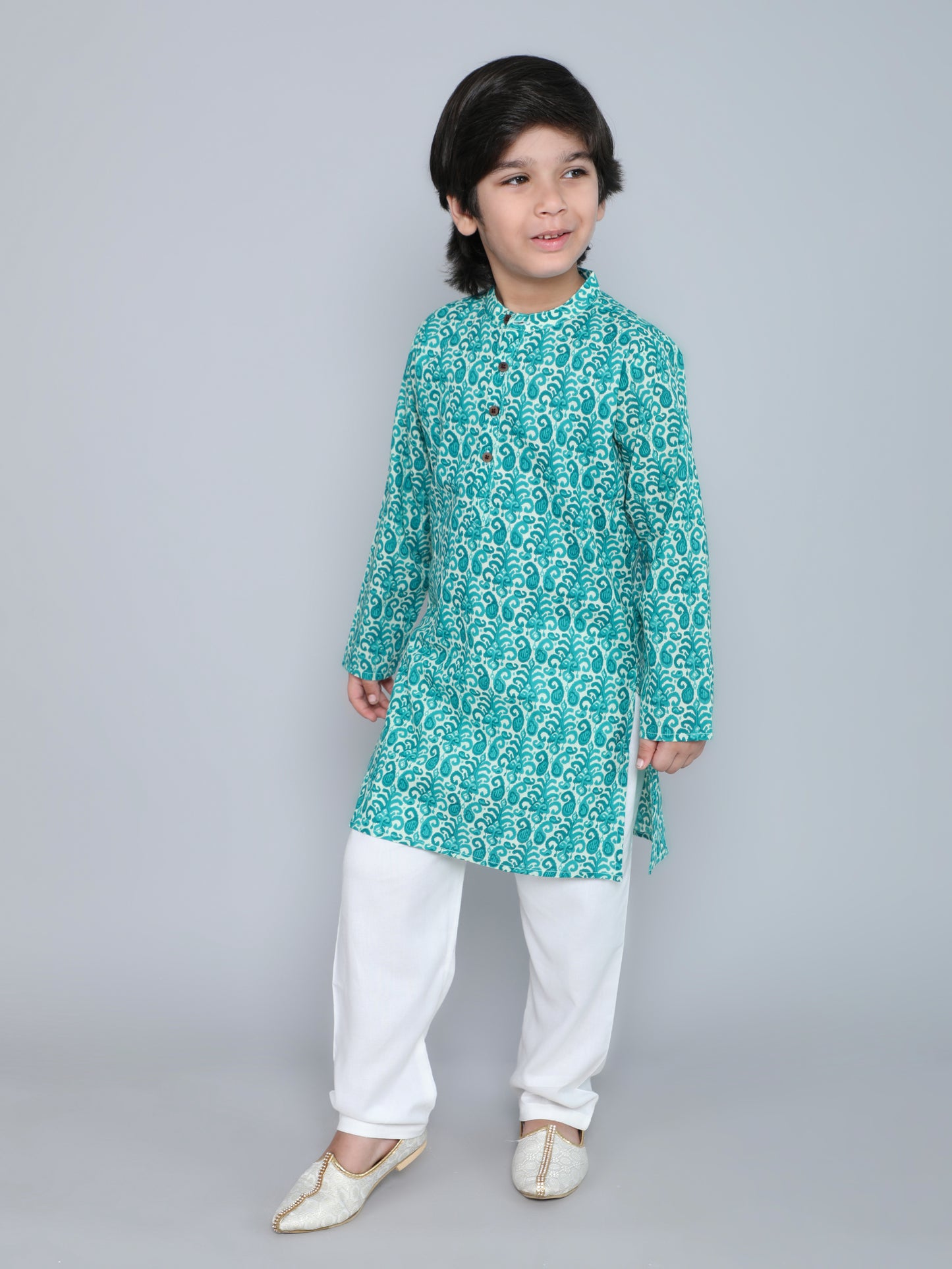 Full Sleeves Floral Printed Kurta With Pyjama-Aqua