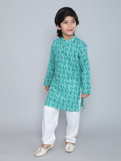 Full Sleeves Floral Printed Kurta With Pyjama-Aqua