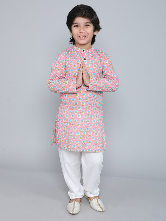 Full Sleeves Floral Printed Kurta With Pyjama-Pink