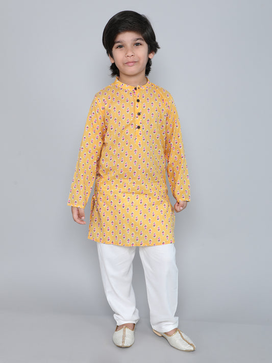 Full Sleeves Floral Printed Kurta With Pyjama-Yellow