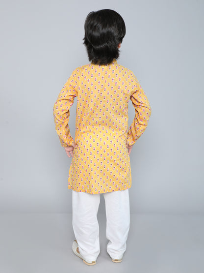 Full Sleeves Floral Printed Kurta With Pyjama-Yellow