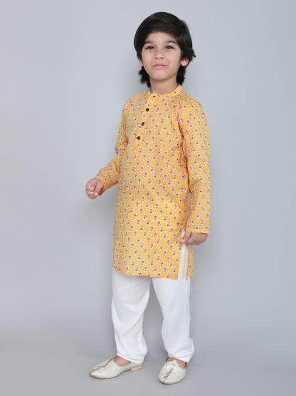 Full Sleeves Floral Printed Kurta With Pyjama-Yellow