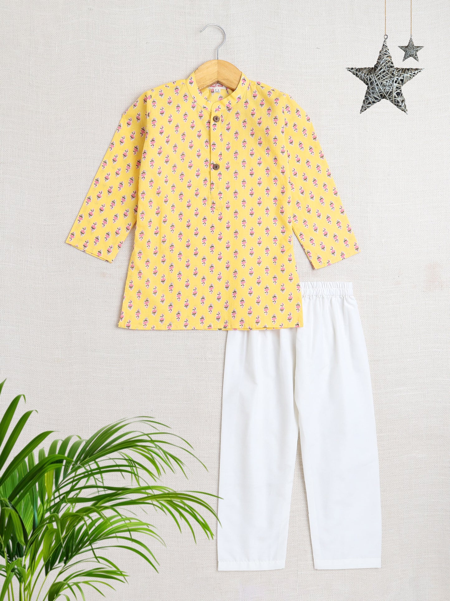 Full Sleeves Floral Printed Kurta With Pyjama-Yellow