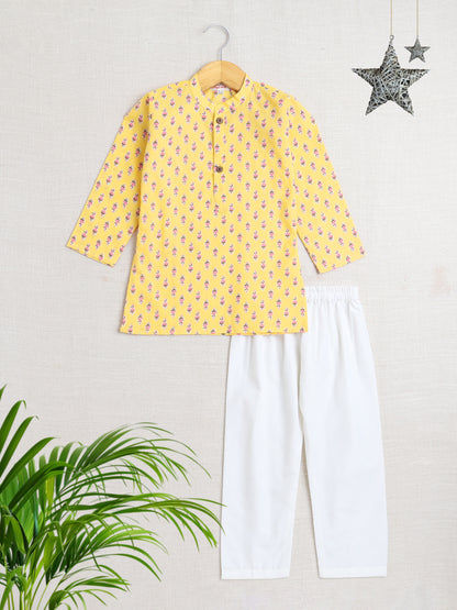 Full Sleeves Floral Printed Kurta With Pyjama-Yellow