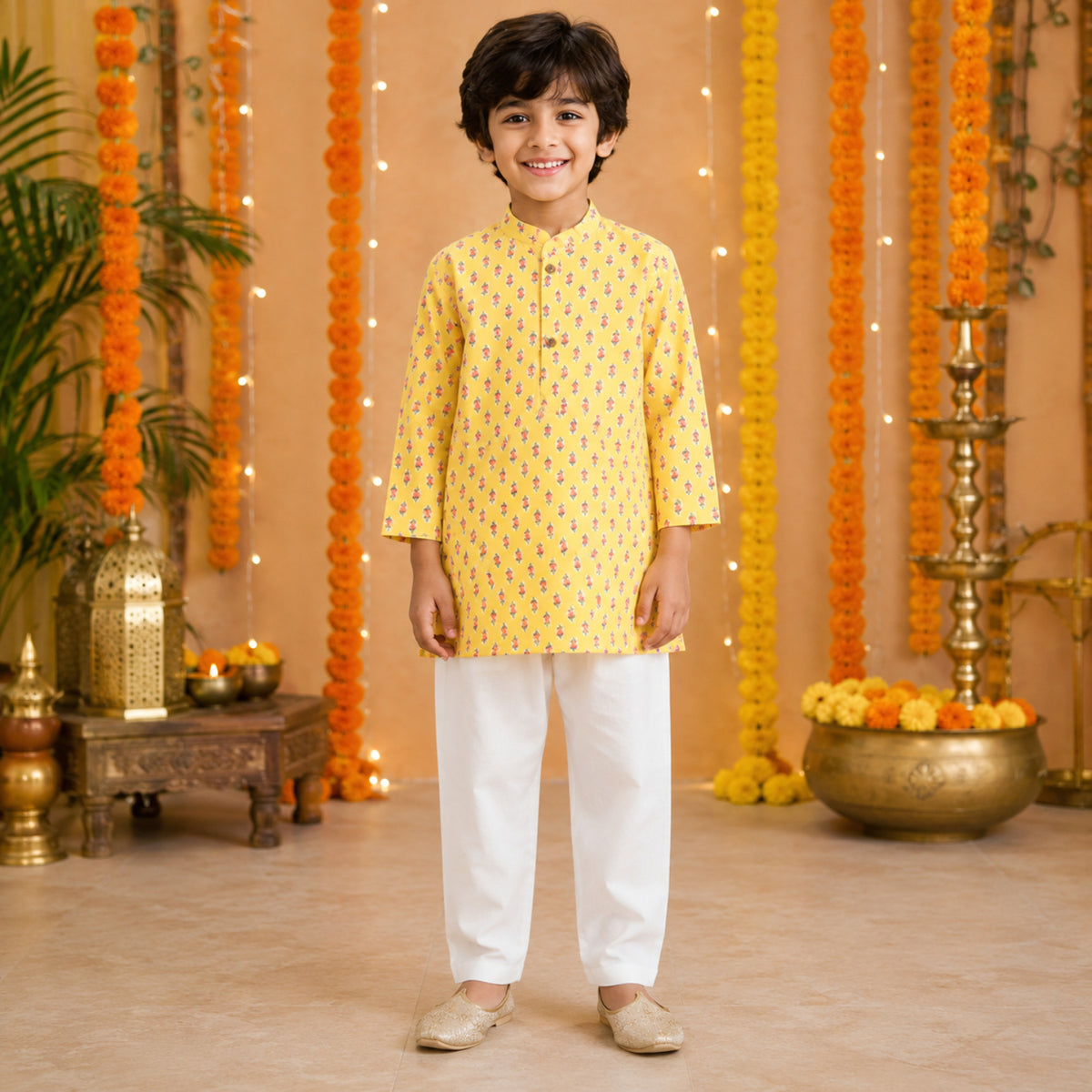 Full Sleeves Floral Printed Kurta With Pyjama - Yellow