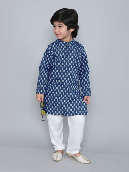 Full Sleeves Floral Printed Kurta With Pyjama-Navy Blue