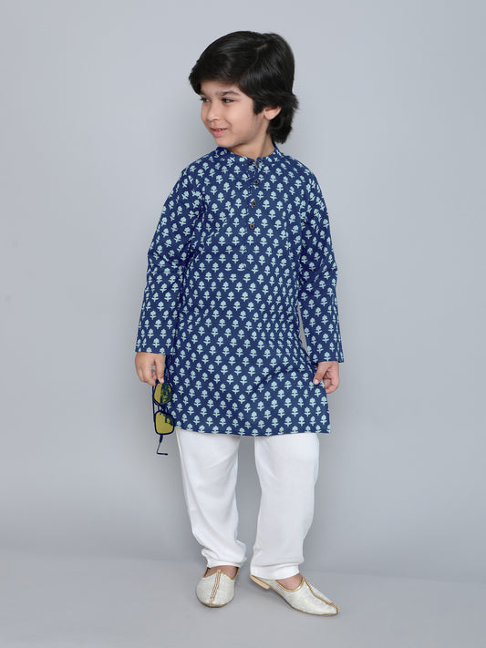 Full Sleeves Floral Printed Kurta With Pyjama-Navy Blue